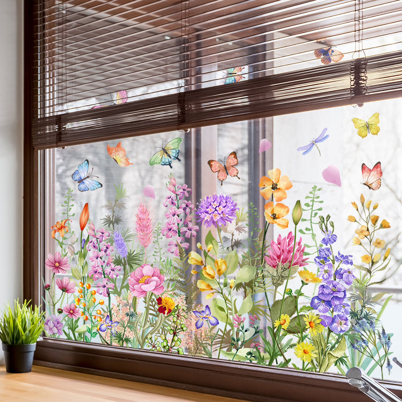 Home Decor Window Blinds - Watercolor Colored Flowers Butterflies Plants Window